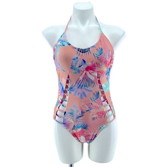 No Boundaries Rose Mist Tropical Palm Floral Cutout One Piece Swimsuit Large - Picture 1 of 16